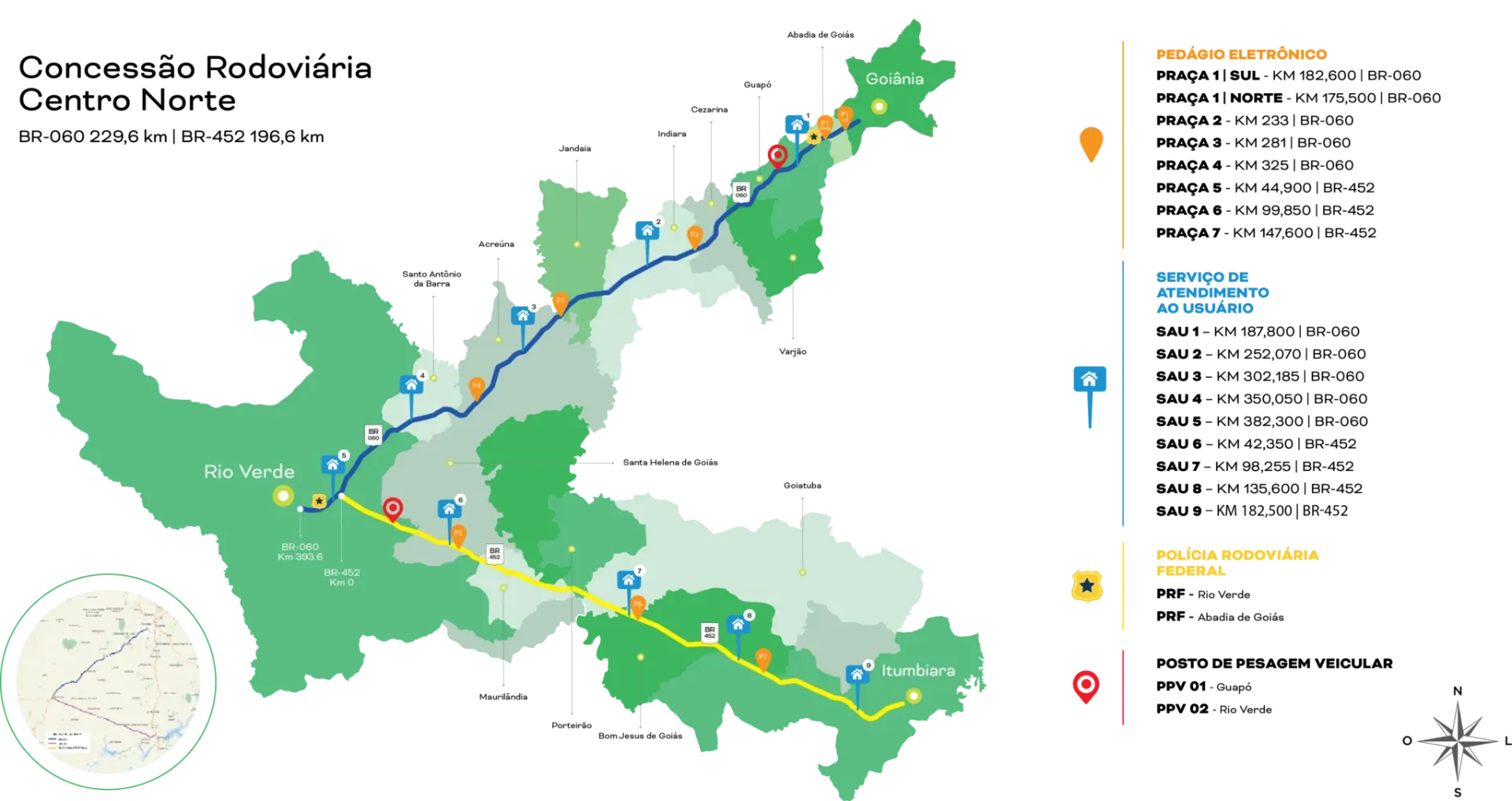 Mapa da Concessão Rodoviária Centro Norte - BR-060 e BR-452